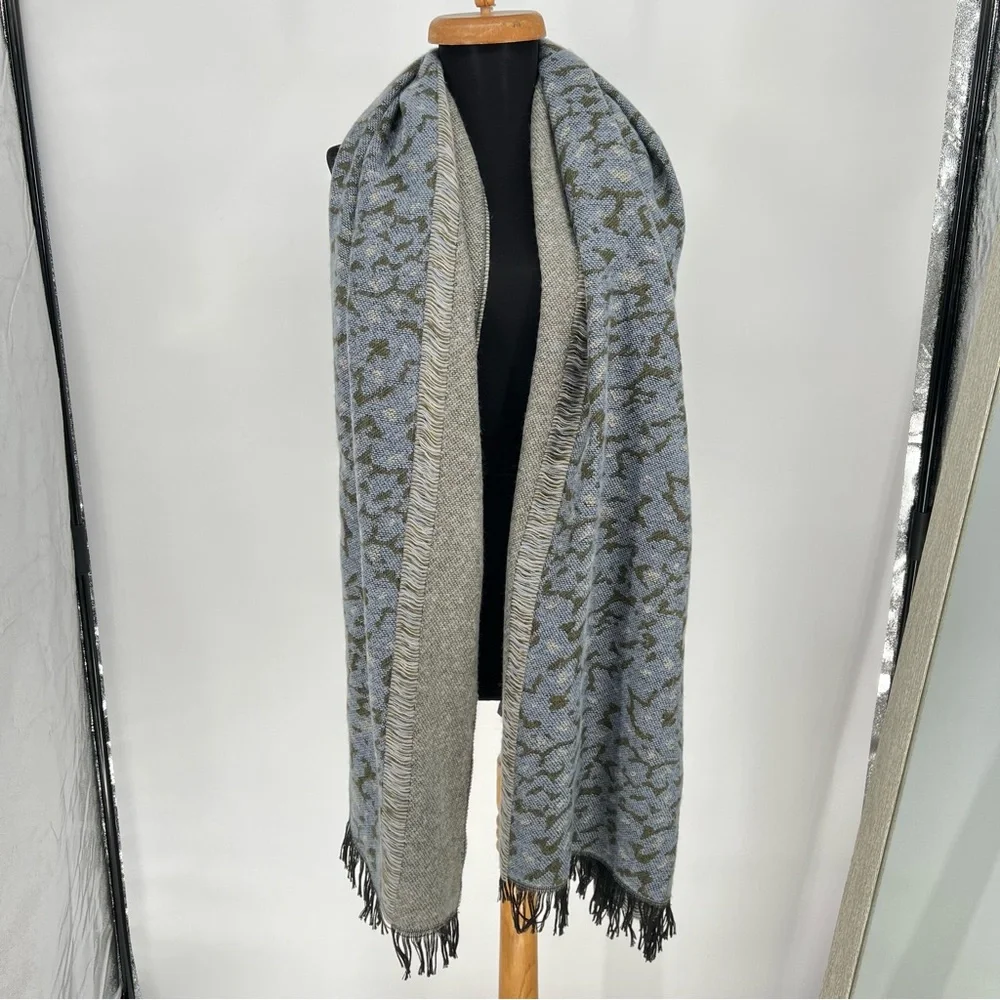 Anthropologie Green Blue Patterned Blend Fringe‎ Scarf
